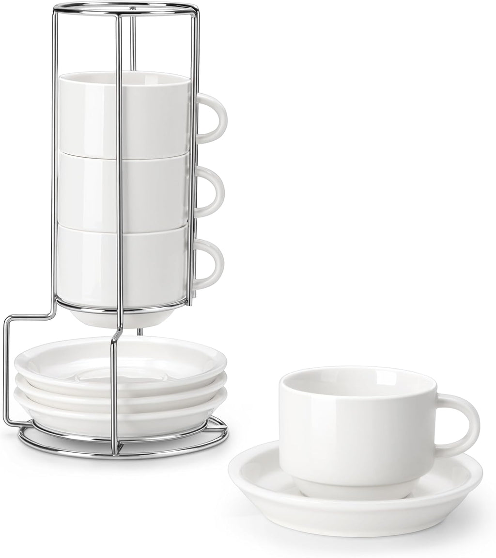 MALACASA 8 OZ Porcelain Espresso Cups with Saucers and Metal Stand Set of 4, Stackable Cappuccino Cups, White Expresso Shots Cup Set for Coffee Drinks, Latte, Tea