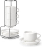 MALACASA 8 OZ Porcelain Espresso Cups with Saucers and Metal Stand Set of 4, Stackable Cappuccino Cups, White Expresso Shots Cup Set for Coffee Drinks, Latte, Tea