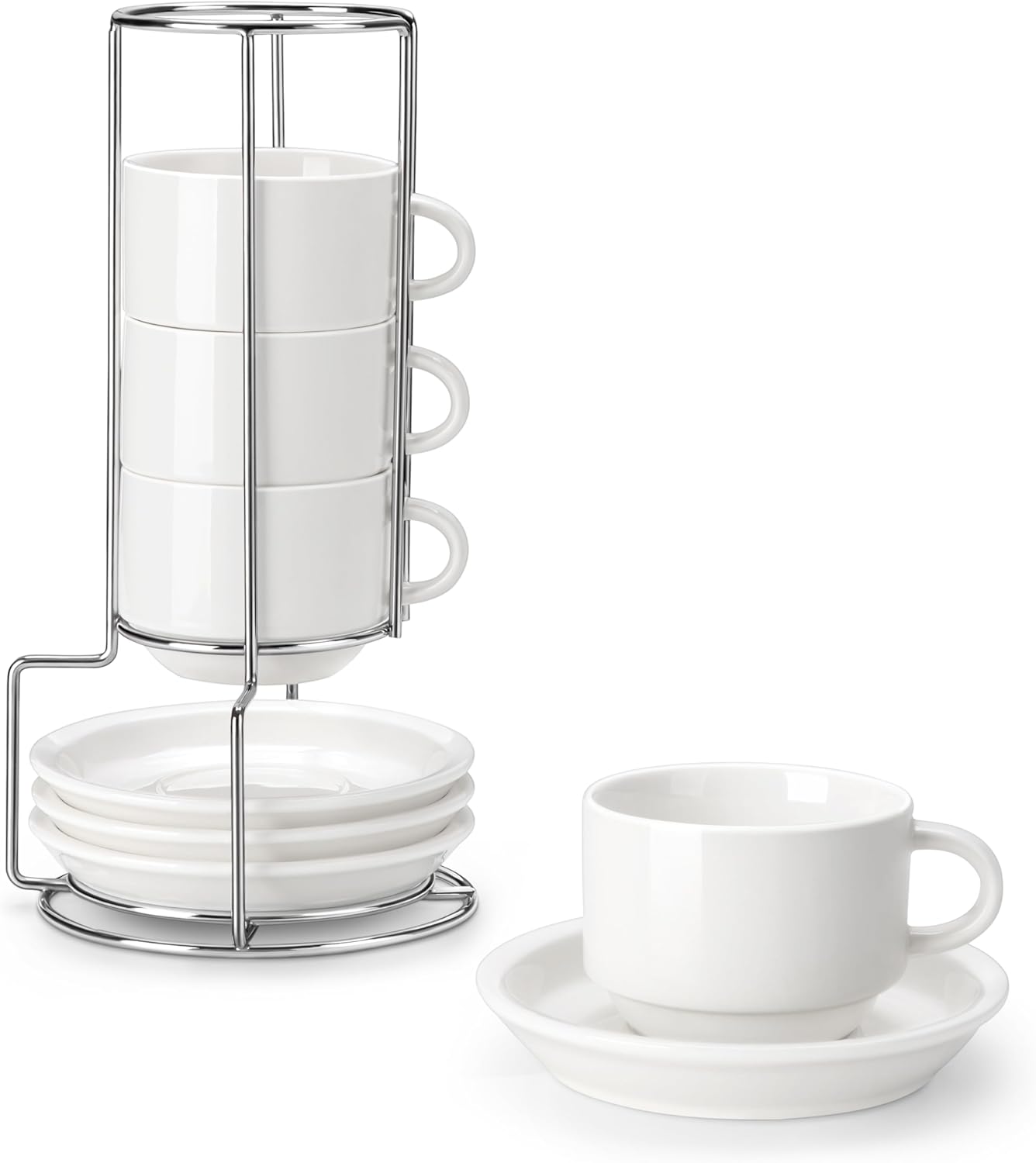 MALACASA 8 OZ Porcelain Espresso Cups with Saucers and Metal Stand Set of 4, Stackable Cappuccino Cups, White Expresso Shots Cup Set for Coffee Drinks, Latte, Tea