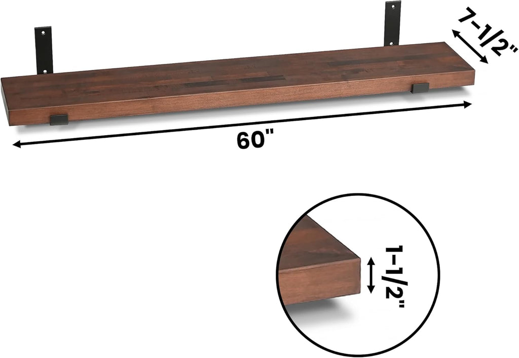 CONSDAN Floating Shelves for Wall Mounted Book Shelf Hanging Shelves Floating Bookshelf for Bedroom, Bathroom, Living Room, Kitchen USA Grown Solid Hardwood, Dark Maple 60x7.5x1.5 in (Set of 3)