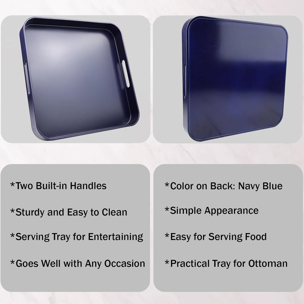 Square Navy Blue Decorative Serving Tray with Handles, Versatile Ottoman Tray for Coffee Table, Entertaining, Outdoor Patio, Living Room, 13”*13”*1.6”