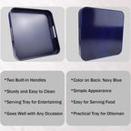 Square Navy Blue Decorative Serving Tray with Handles, Versatile Ottoman Tray for Coffee Table, Entertaining, Outdoor Patio, Living Room, 13”*13”*1.6”