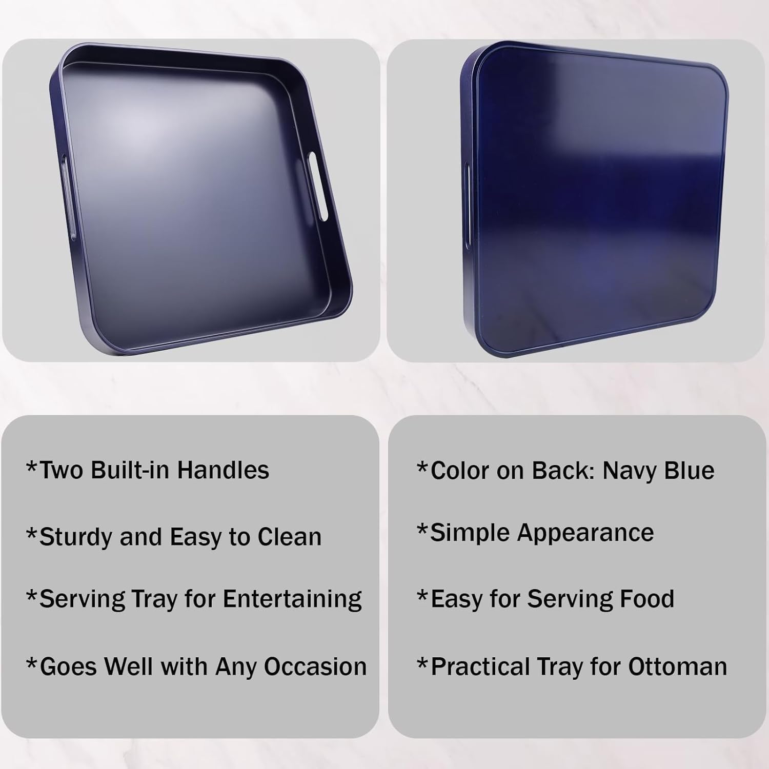 Square Navy Blue Decorative Serving Tray with Handles, Versatile Ottoman Tray for Coffee Table, Entertaining, Outdoor Patio, Living Room, 13”*13”*1.6”