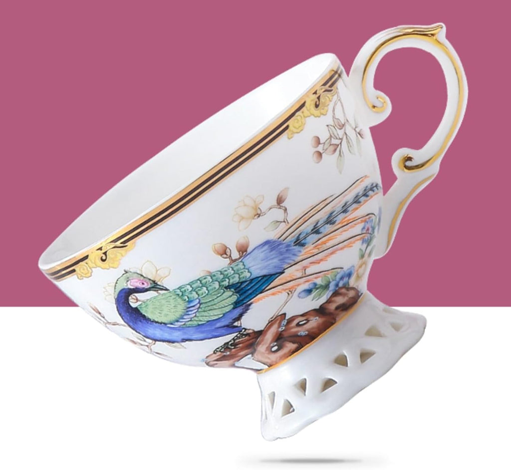 ACMLIFE Bone China Tea Cup and Saucer Set - Bone China Tea Coffee Cup and Saucer Set for 1 Luxury Fine China Tea Cup Set for One Blue Vintage Teacups and Saucers for Women Tea Party or Gift Giving