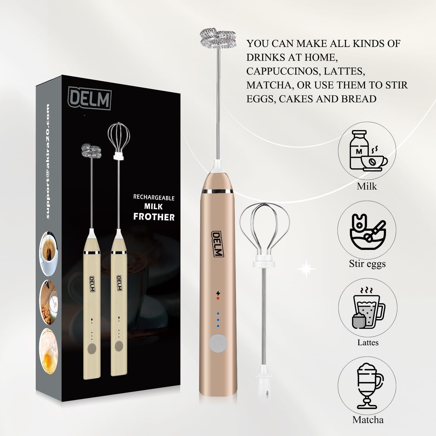 Delm Milk Frother Electric USB Stainless Steel Accessory - Frother Wand Foam Maker for Lattes - Milk Frother Handheld for Cappuccino, Frappe, Matcha, Hot Chocolate - Frother for Coffee (beige/gold)