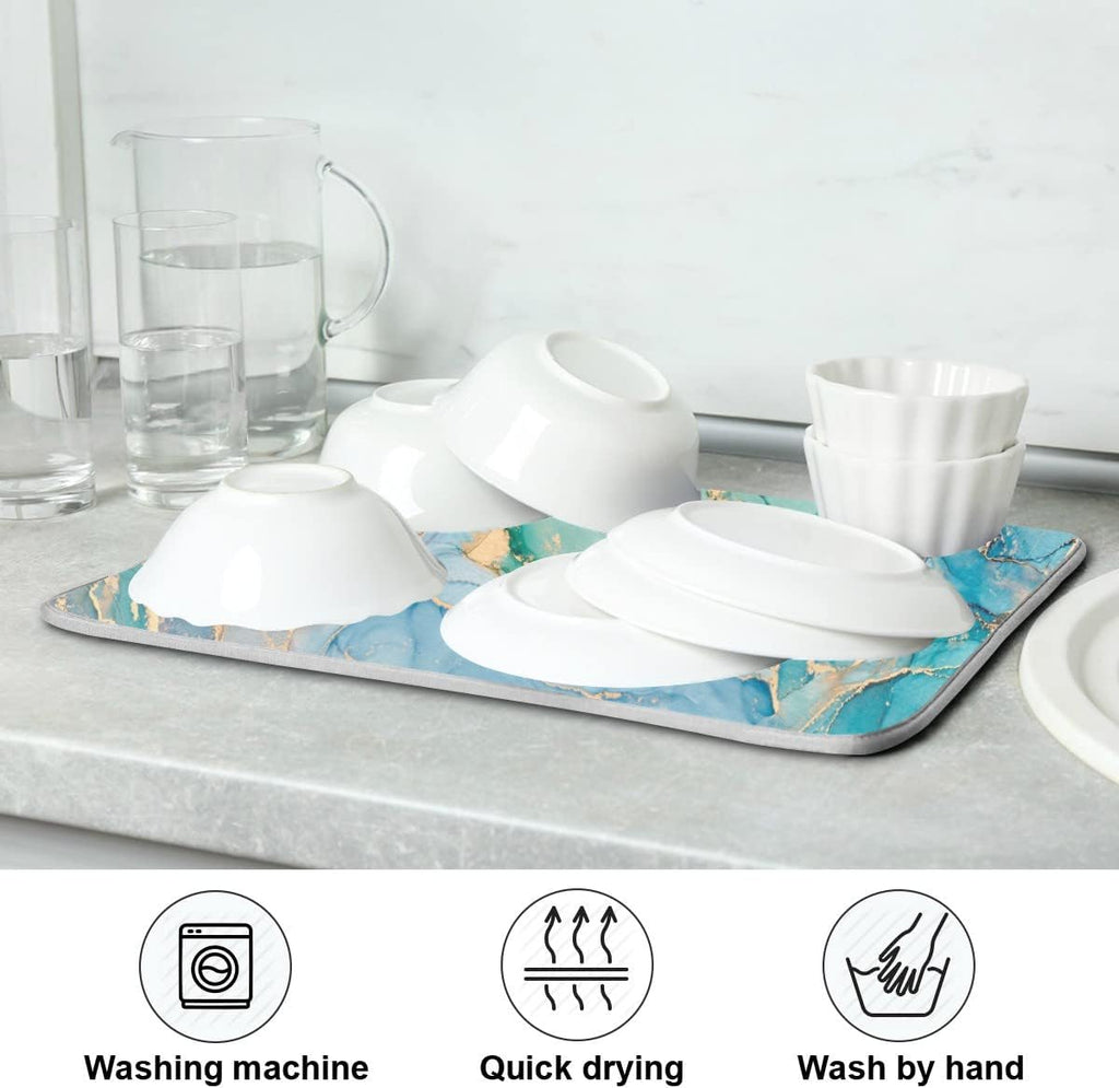 Marble Dish Drying Mat for Kitchen Counter Blue Teal Turquoise Gold Drying Mat 18 x 24 Inch with High Absorbent Reversible Microfiber Dish Drying Pad Dish Rack Pad Drainer Mat for Coffee Bar