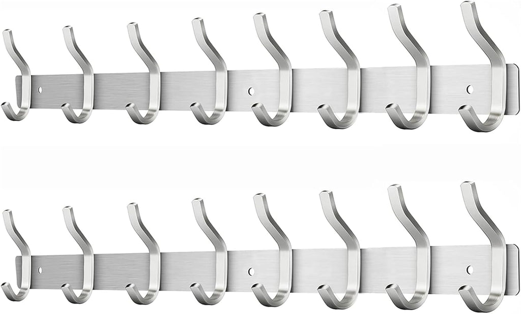 Wall Hooks Heavy Duty, 23 Inch Coat Rack Wall Mount with 8 Hooks, Silver Wall Hooks Hangers for Entryway, Bathroom - for Hanging Backpack, Bag, Coat, Purse, Hat, Towel, Clothes,2 Packs