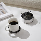 Set of 6 Abstract Black Marble Coasters with Holder, Absorbent Ceramic Coasters for Drinks, Coasters with Cork Backing for Table Protection, Housewarming Gifts for New Home