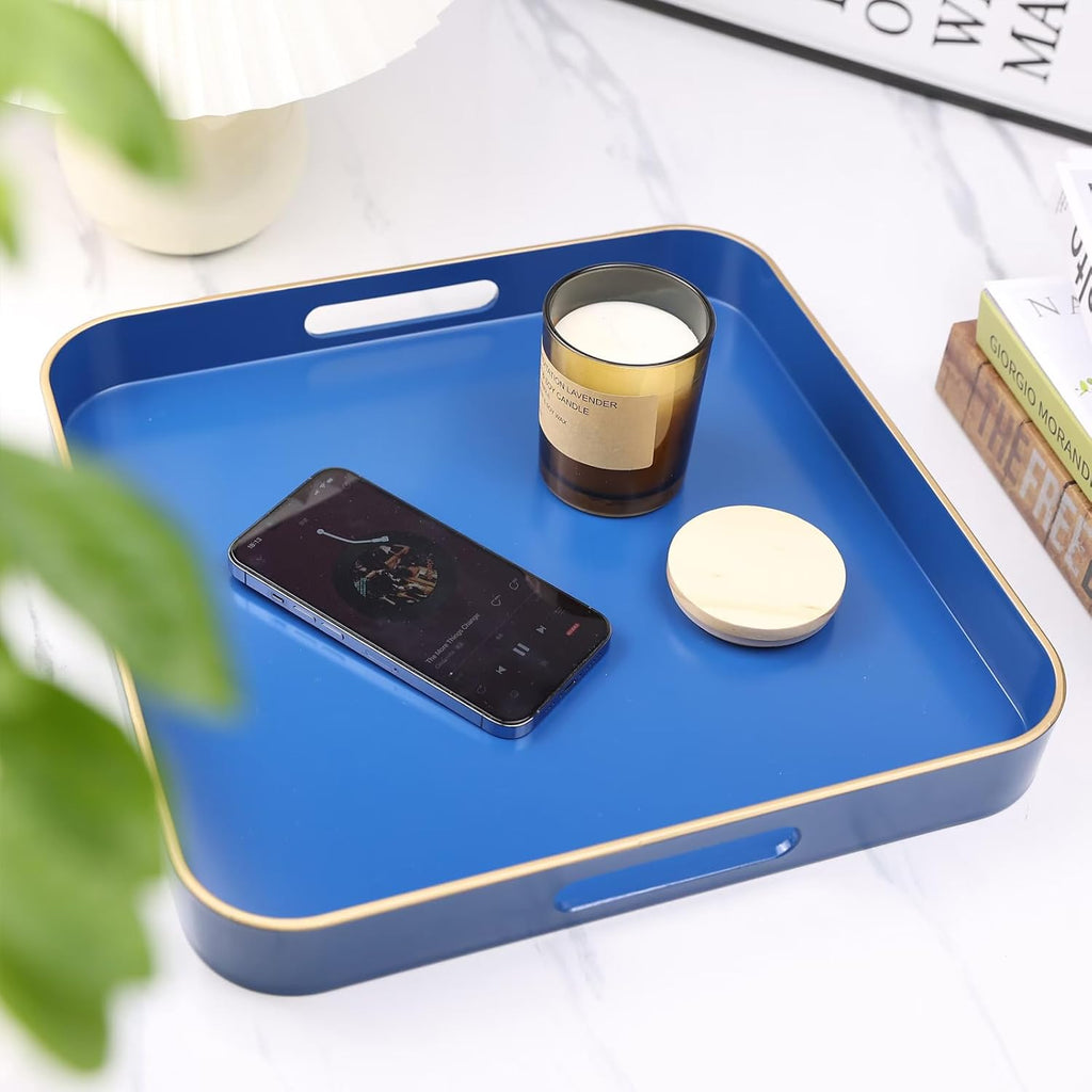 Royal Blue Square Decorative Tray with Handles, 13"*13" Versatile Serving Tray for Coffee Table, Ottoman, Ideal for Serving, Displaying, Organizing