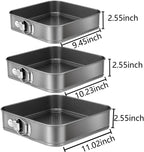 Springform Cake Pan Set of 3 (9.5, 10, 11 Inch) Square Baking Pans Nonstick Cheesecake Pans with Removable Bottom Bakeware for Cake, Cheesecakes, Pizza, and Quiches