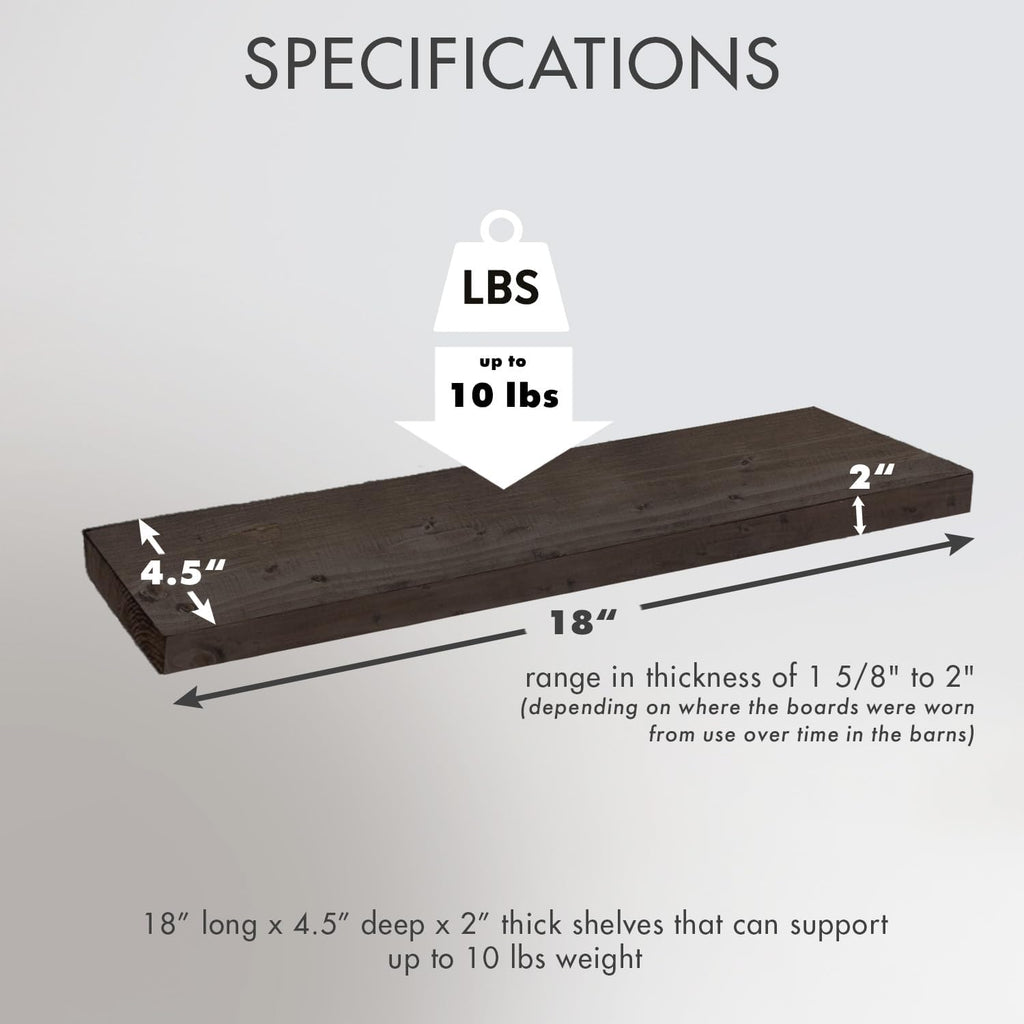 Urban Legacy Reclaimed Barnwood Planks | Floating Shelves for Wall w/Flush Mount Shelf Bracket Set Included | Set of 2 (Coffee Bean, 18"x 4.5"x 2")