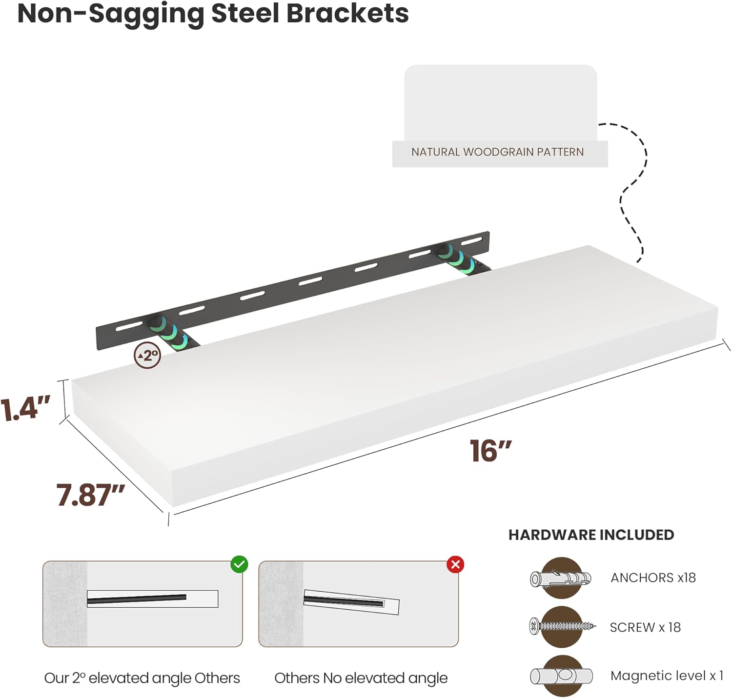 Vivelove Wooden Floating Shelves for Wall 16” x 8”x 1.4”, Bathroom Shelf Over The Toilet with Invisible Brackets, Unfinished Wall Shelves for LivingRoom, Kitchen, Bedroom, Home Decor, Set of 2 - White