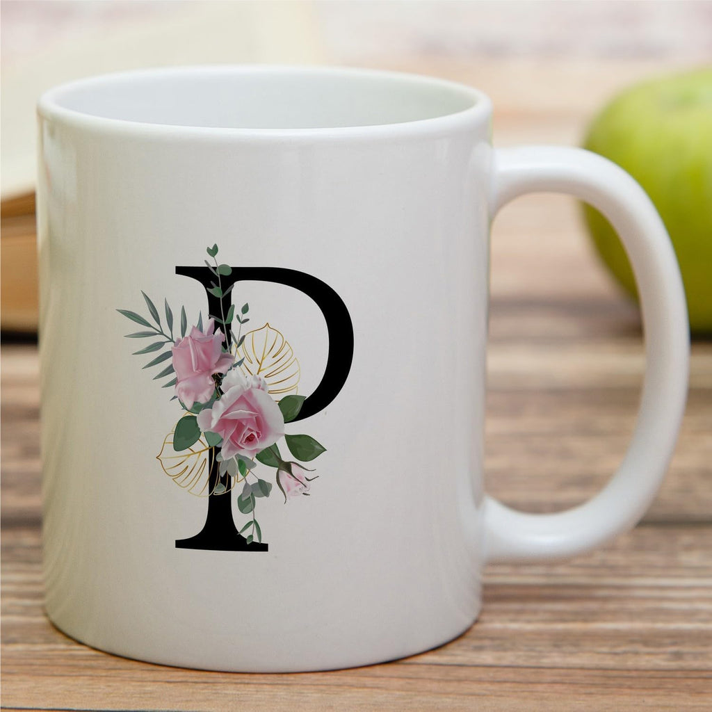Retreez Initial A-Z Floral Botanical Bouquet Alphabet Monogrammed Monogram Mug 11 Oz Ceramic Tea Coffee Mugs - Appreciation Thank You Wedding Birthday Gifts for her friend coworker sister - P Initial