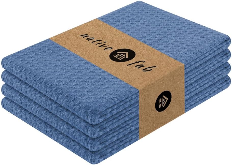 Native Fab Cotton Kitchen Towel with Hanging Loop 16x26 inches, 4-Pack, Waffle Weave Kitchen Towels for Cleaning Drying, Washcloths Soft & Absorbent Cloth Rags, Bar Towel, Dish Cloth, Sky Blue