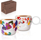Ceramic Espresso Cups Set of 2 – Mini 3 oz Double Espresso Coffee Cups Small Espresso Shot Cups with Cute Q Handle, Gift for Coffee Lovers, Floral and fruit Patterns-White