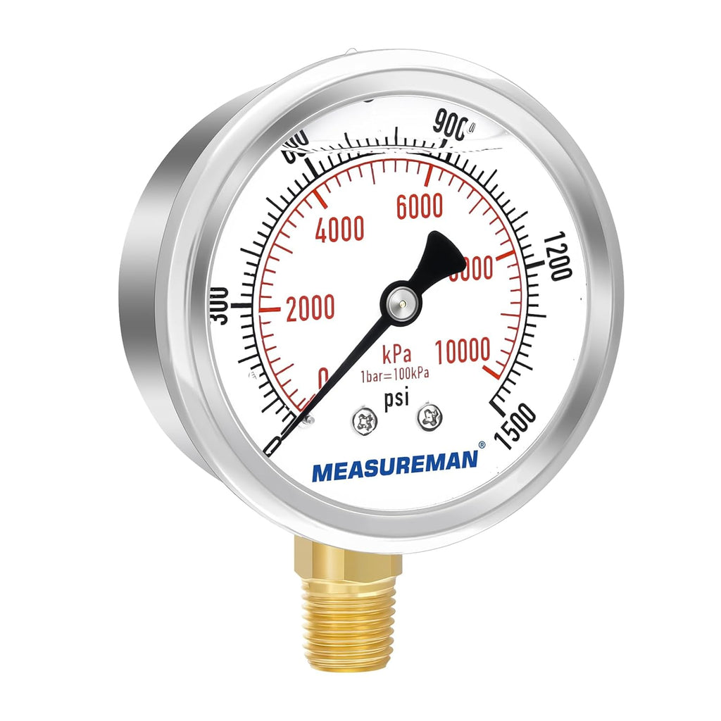 MEASUREMAN 2-1/2" Dial Size, Glycerin Filled Pressure Gauge, 0-1500psi/kpa, 304 Stainless Steel Case, 1/4" NPT Lower Mount