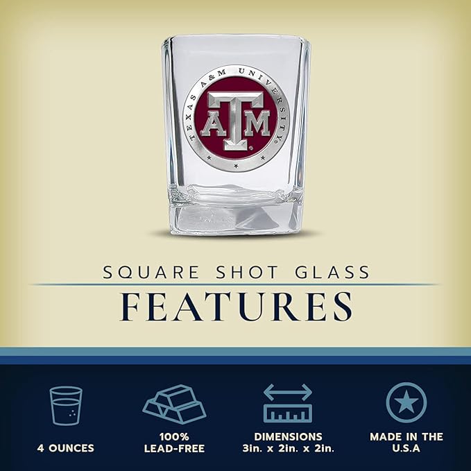 Heritage Pewter Texas A&M Square Shot Glass | Hand-Sculpted 1.5 Ounce Shot Glass | Intricately Crafted Metal Pewter Alma Mater Inlay