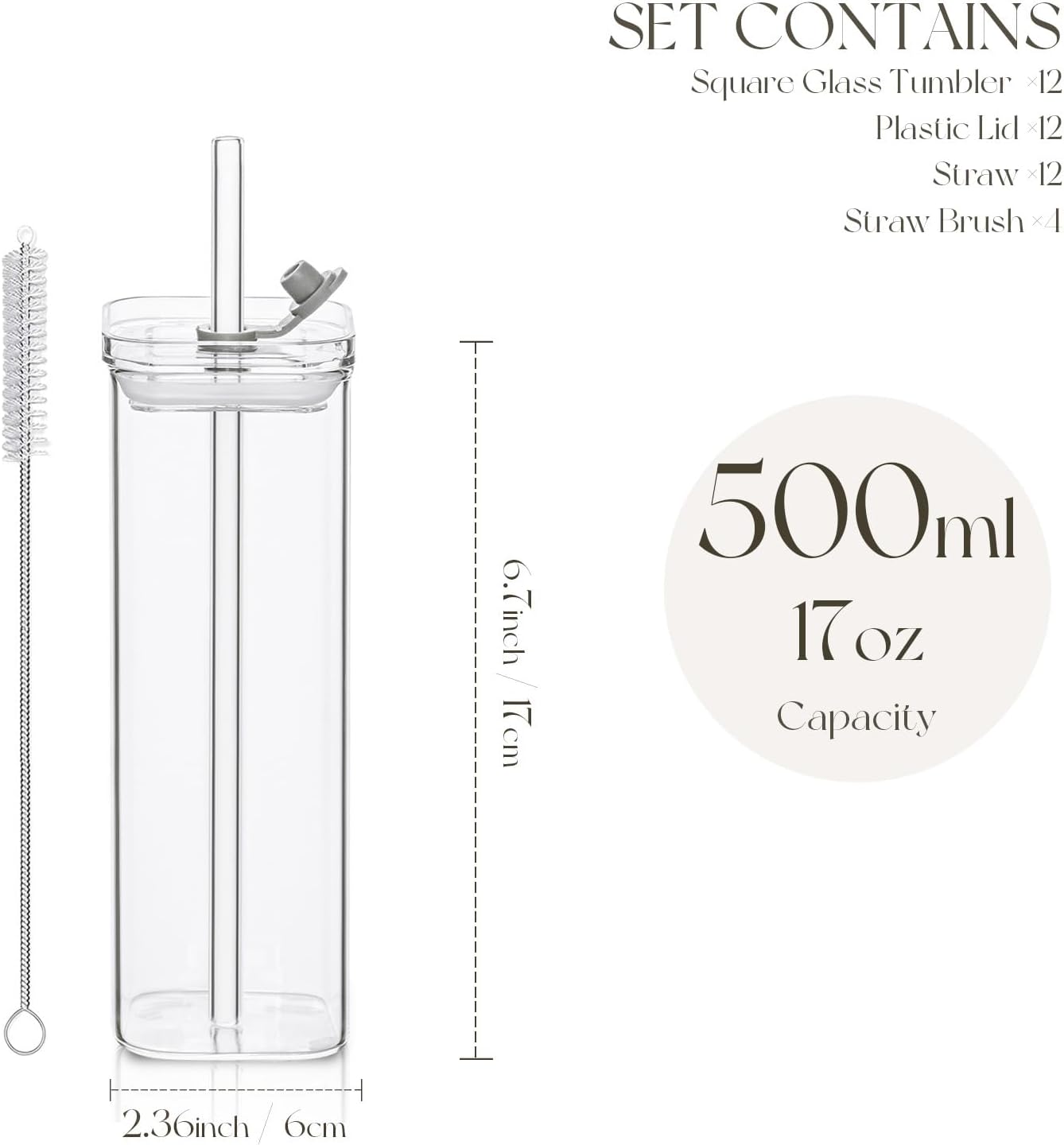 12 Sets Square Drinking Glass Cups with Lids & Straws, 17 Oz Clear Highball Glasses for Cocktail, Iced Coffee, Juice, Beer - Modern Glass Tumblers