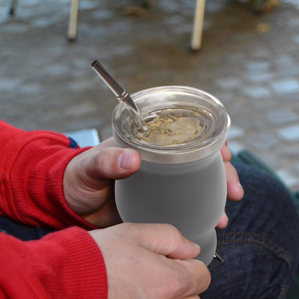 Beruth Bombilla Yerba Mate Gourd, 8oz Stainless Steel Tea Cup Set with a Multifunctional Lid, Two Straws and Cleaning Brushes, Double Walled Coffee Mug Heat Insulation Anti Scalding （Starry Sky Grey）