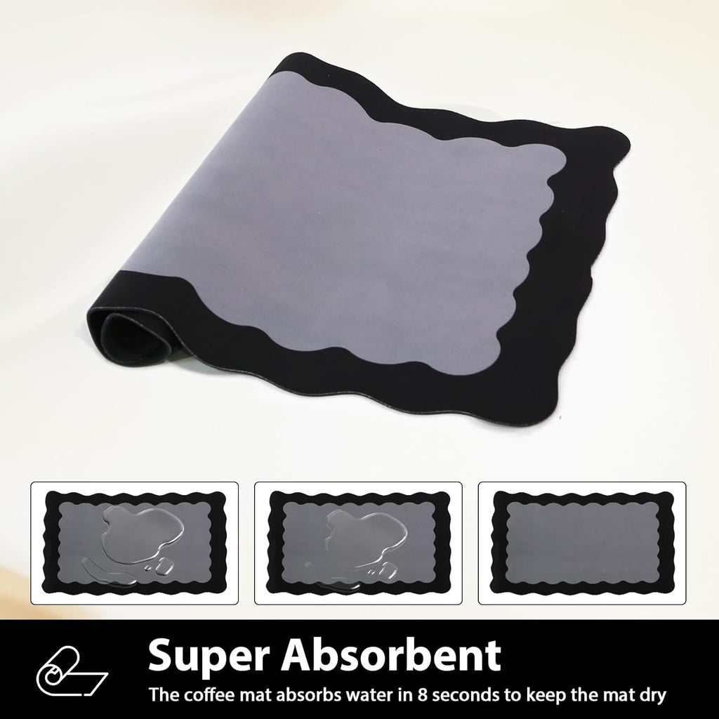 Scalloped Coffee Bar Mat for Countertop, Cute Dish Drying Mats for Kitchen Counter, Diatomite Absorbent Mat for Coffee Station, Kitchen Aesthetic Decor (12"x19", Black)