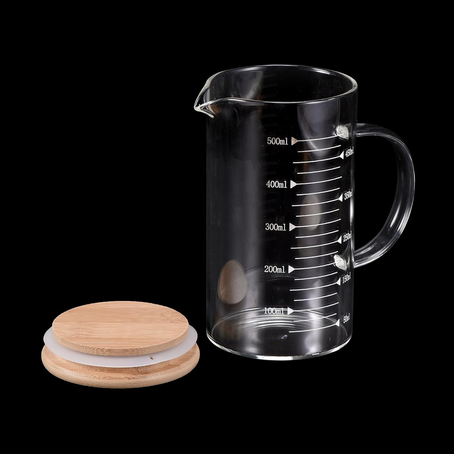 PATIKIL 500ml Glass Measuring Cup, 3.3 Borosilicate Glass Graduated White Printed Scale Liquid Measure Cups Beaker with Wood Lid and V-Shaped Spout for Kitchen