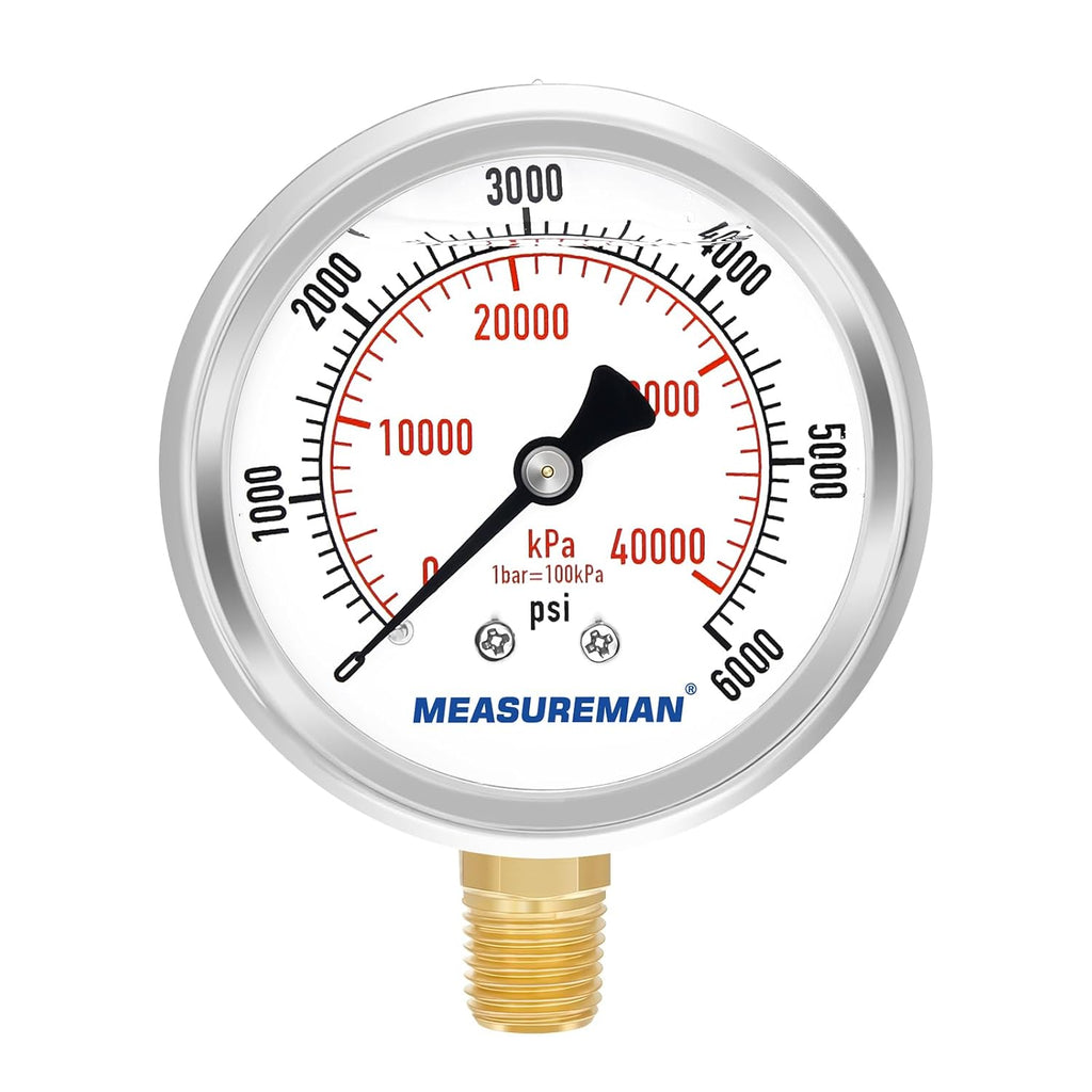 MEASUREMAN 2-1/2" Dial Size, Glycerin Filled Pressure Gauge, 0-6000psi/kpa, 304 Stainless Steel Case, 1/4" NPT Lower Mount
