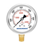 MEASUREMAN 2-1/2" Dial Size, Glycerin Filled Pressure Gauge, 0-6000psi/kpa, 304 Stainless Steel Case, 1/4" NPT Lower Mount