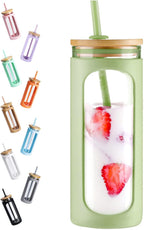 Kodrine 20oz Glass Tumbler with Straw and Lid, Iced Coffee Cups with Bamboo Lids, Glass Cups for Cold Drinks, Smoothie Cup with Silicone Sleeve for Travel, Work, BPA FREE-DaiquiriGreen