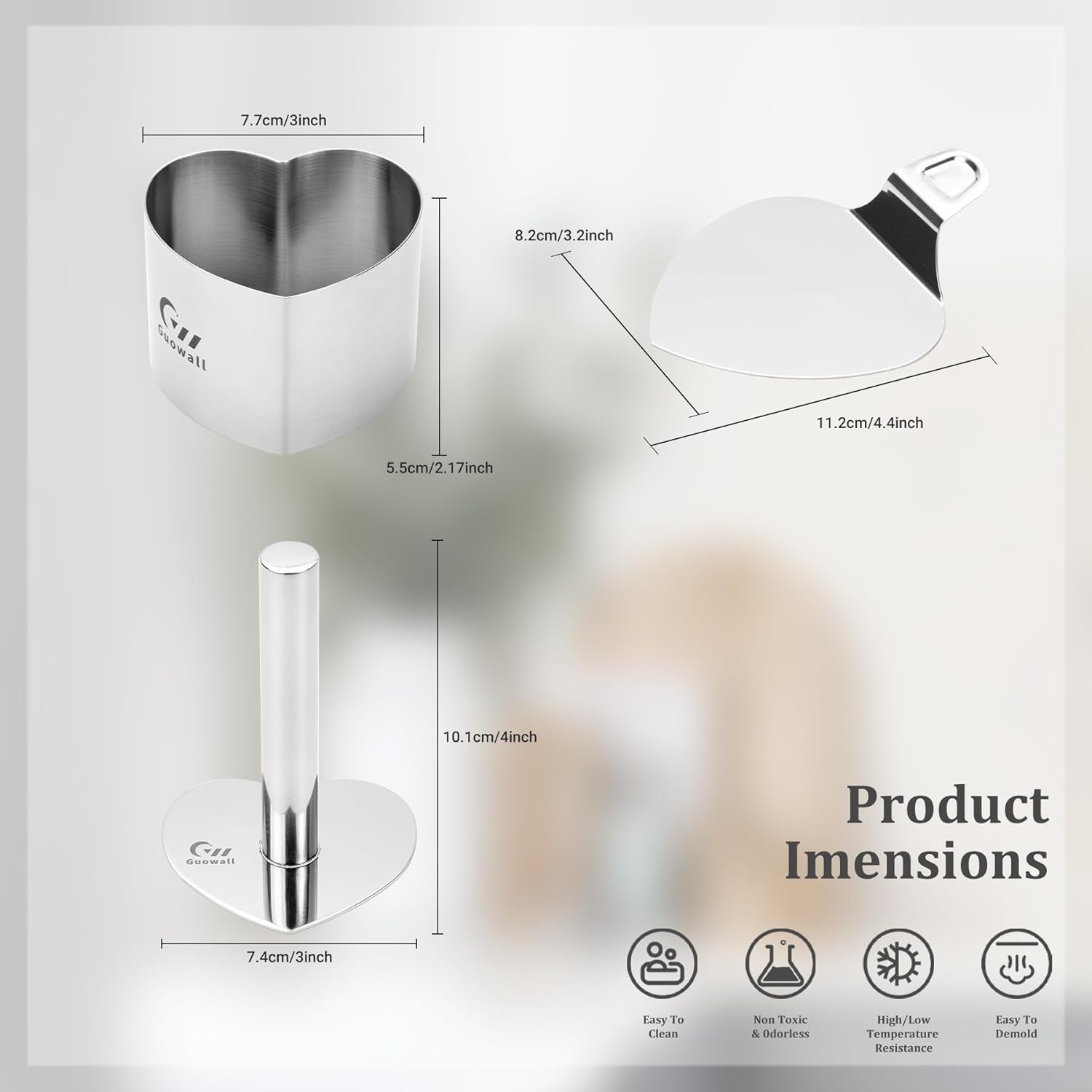 Guowall Heart Shaped Seamless Cake Ring, 3 inch Mousse Mold for Baking, Nonstick Stainless Steel Heart Dessert Mould Set, Includes 1 lifter, 1 pusher and 6 rings