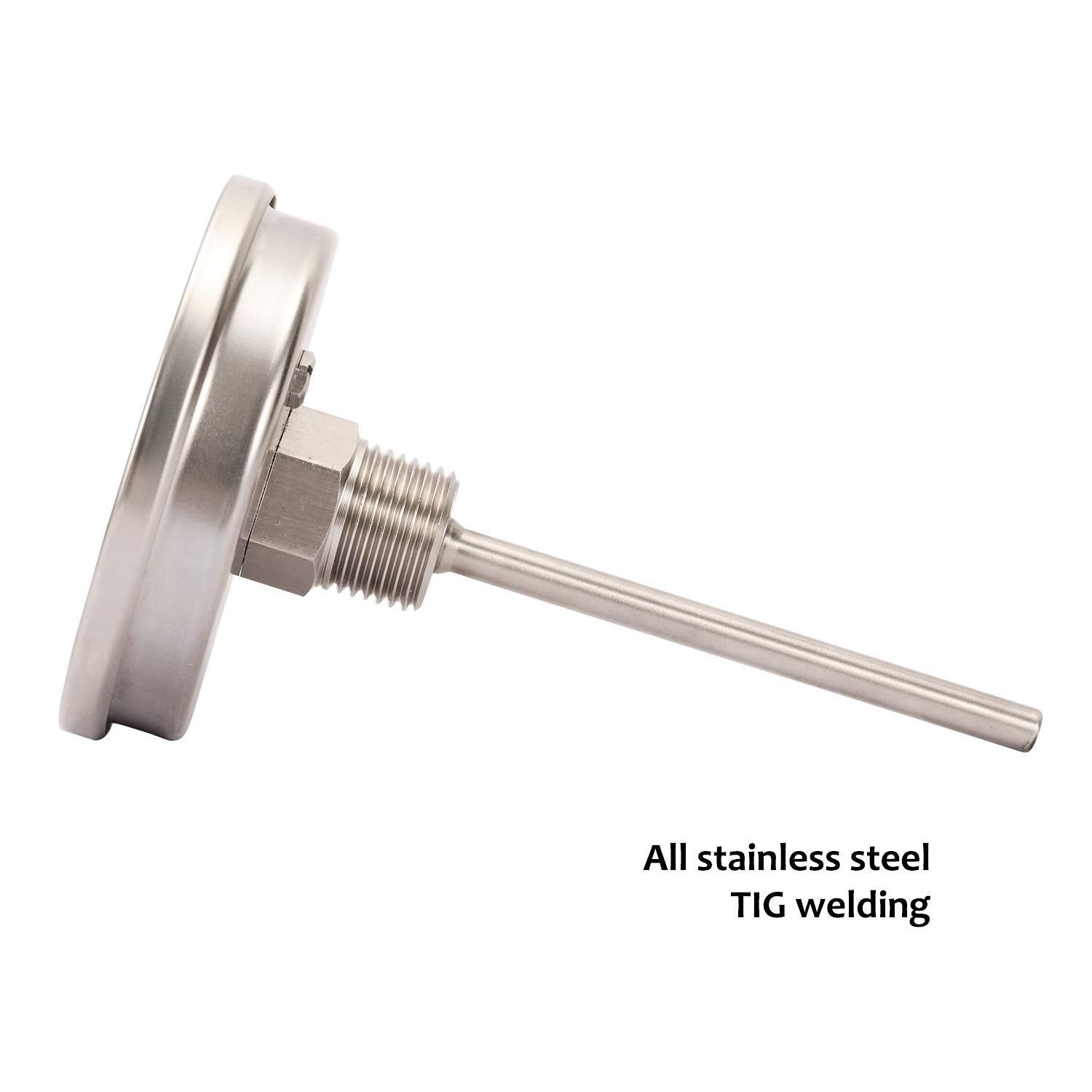 MEASUREMAN Fully Stainless Steel Pot, Kettle, Brewing Bimetal Thermometer, 3" Dial, 4" Stem, 0-250 deg F/-20-120 deg C, -1% Accuracy, Adjustable, 1/2" NPT Back Mount