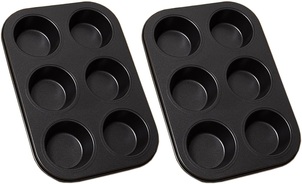 2Pcs Non-Stick 6-Cup Muffin Pan for Baking, Carbon Steel Cupcake Baking Tray, Stackable Cupcake Molds, Dishwasher Safe - 10.4 x 7.3 x 1.1 Inches (Black)