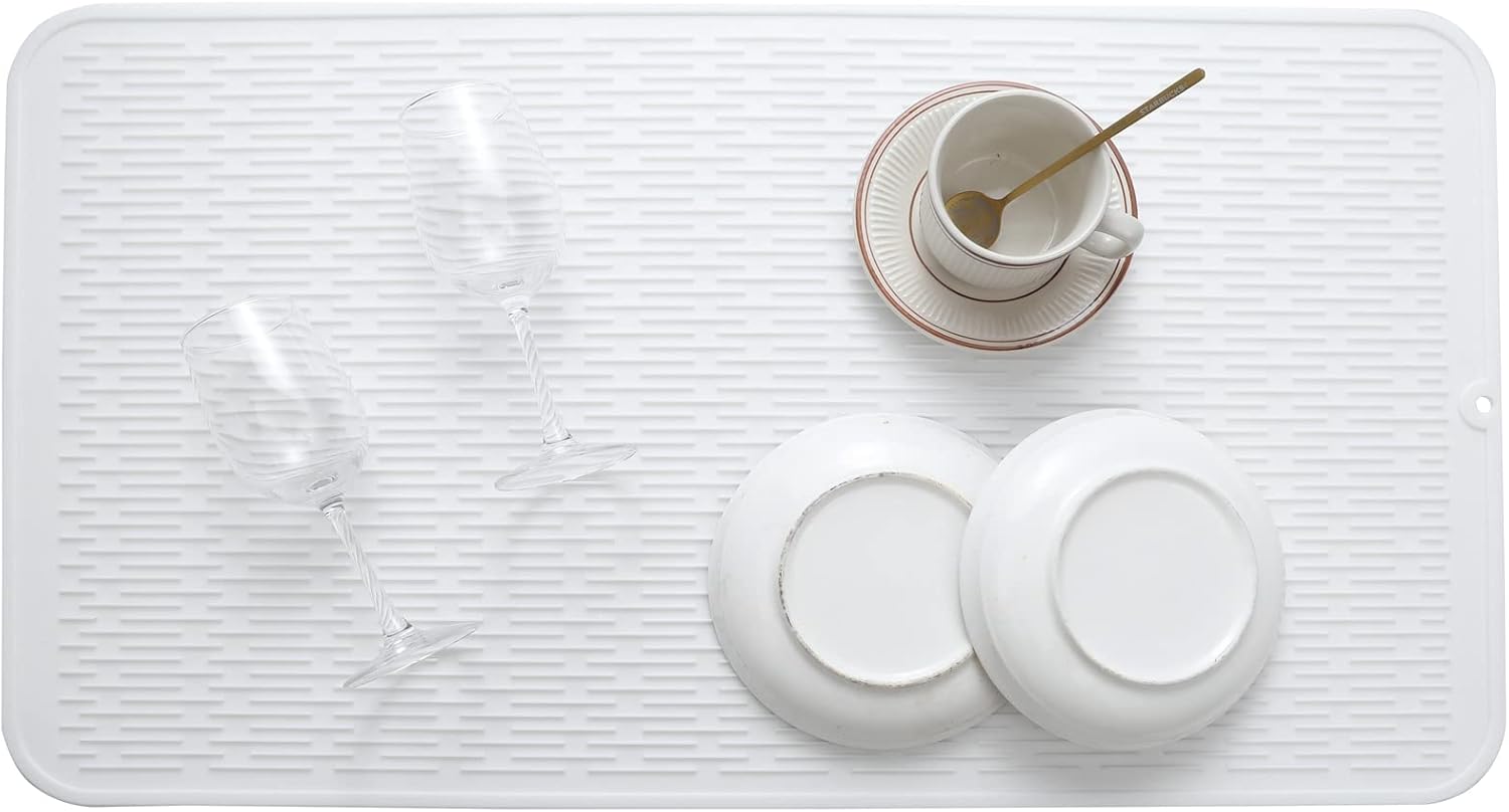 Silicone Dish Drying Mat for Multiple Usage,Easy clean,Eco-friendly,Heat-resistant Silicone Mat for Kitchen Counter or Sink,Refrigerator or Drawer Liner White 4XL 32 inches x 18 inches