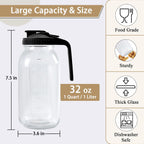 32oz Glass Pitcher Carafes With Handle and Lid, 1 Quart Mason Jar, Large Water Jug, Glass Containers for Fridge, Water Pitcher for Juice, Iced & Sun Tea, Cold Brew Coffee, Homemade Beverage