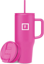 IRON °FLASK Co-Pilot Insulated Mug w/Straw & Flip Cap Lids - Cup Holder Bottle for Hot, Cold Drink - Leak-Proof - Water, Coffee Portable Travel Mug - Pink Tulip, 32 Oz