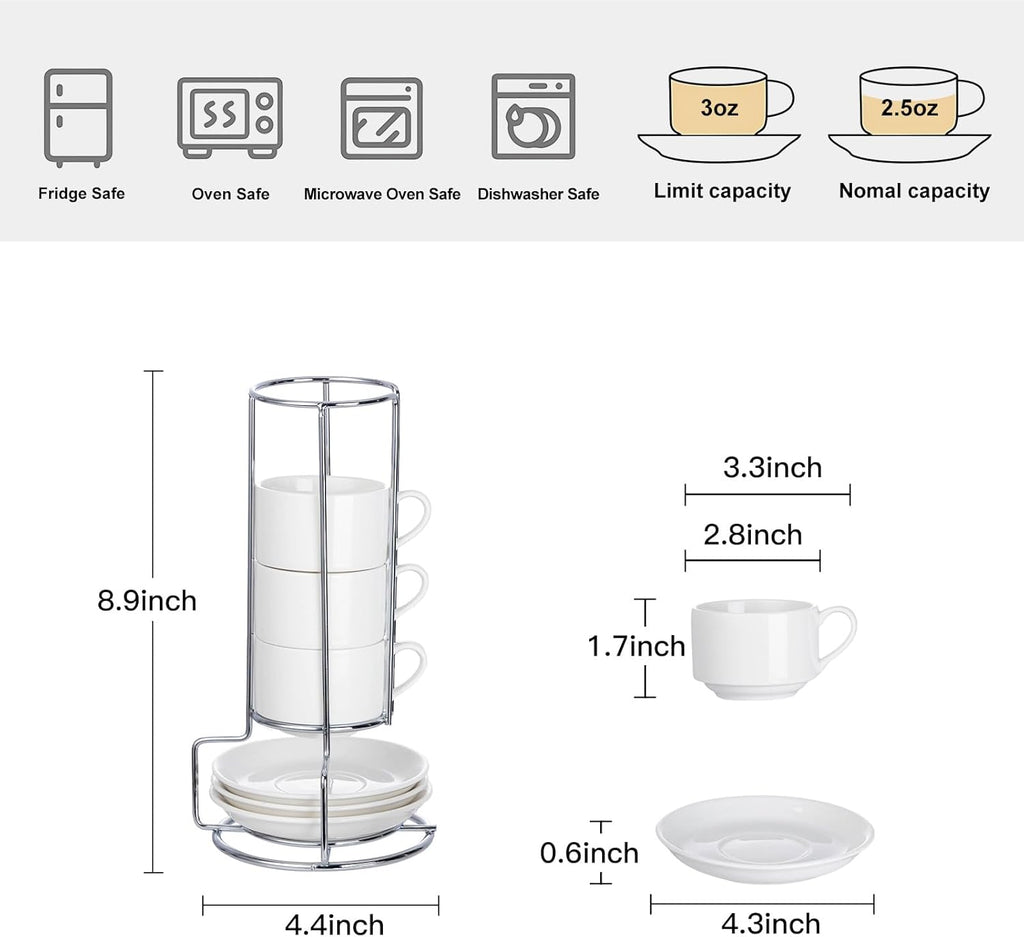 2.5 Ounce Porcelain Espresso Cups with Saucers and Silver Stand, White Stackable Cups Set of 4