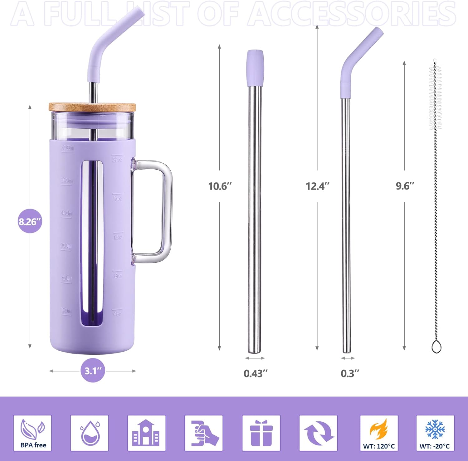 Kodrine Tumbler with Lid and Straw, 20 oz Glass Coffee Tumbler with Handle, Smoothie Cup with Bamboo Lid | Time Marker | Silicone Protective Sleeve, BPA Free - Purple
