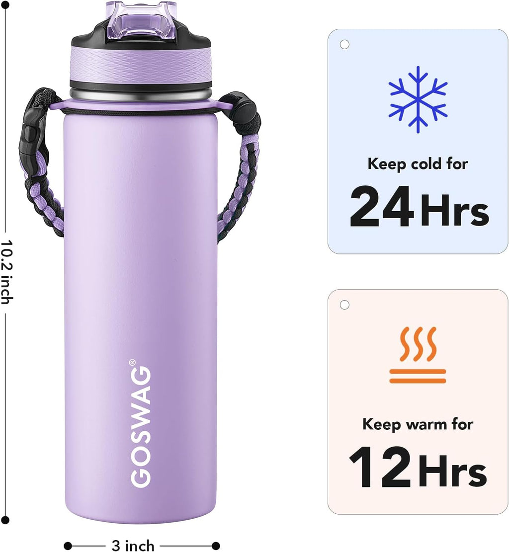 GOSWAG Insulated Sports Water Bottle, 24oz 2 Lids(with Straw/No Straw), Stainless Steel Water Bottles with Paracord Handle, Insulated Bottle with Double-Wall Vacuum Insulation