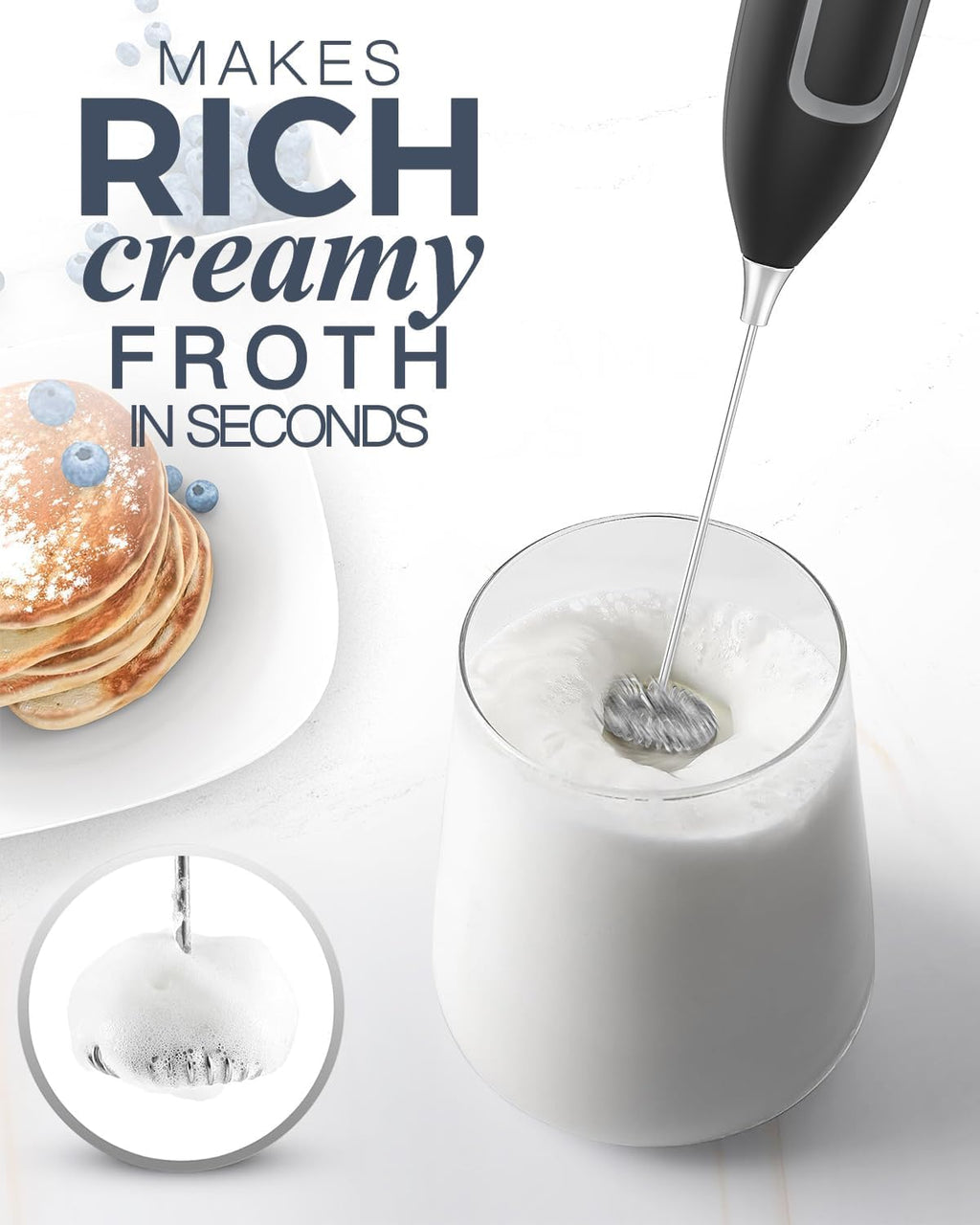 Milk Frother Handheld with Stand, Battery-Operated Electric Foam Maker Frother Wand, Whisk Drink Mixer & Foamer for Coffee, Latte, Matcha, Hot Chocolate