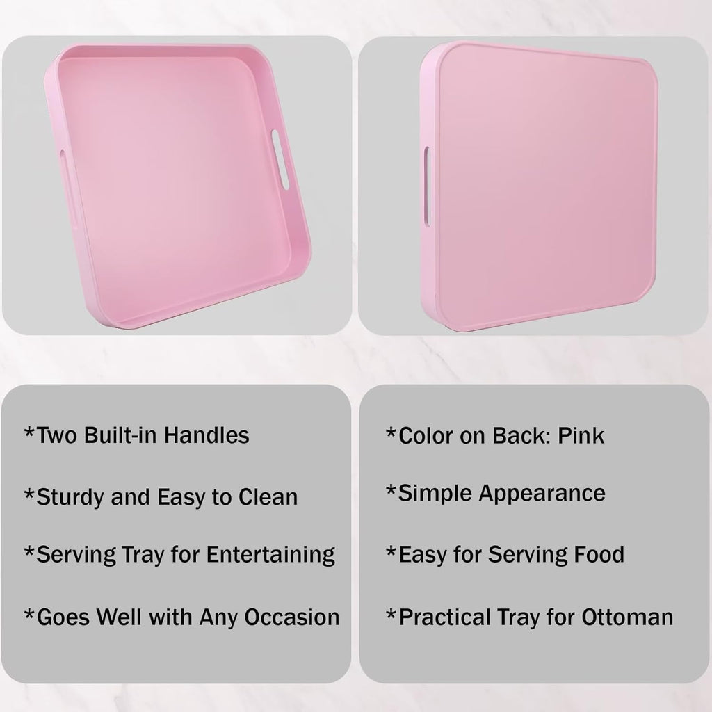 Square Pink Decorative Serving Tray with Handles, Versatile Ottoman Tray for Coffee Table, Entertaining, Outdoor Patio, Living Room, 13”*13”*1.6”