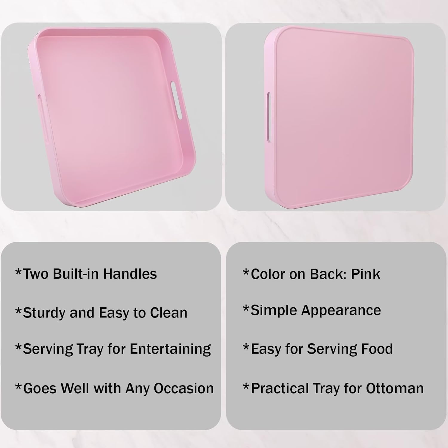 Square Pink Decorative Serving Tray with Handles, Versatile Ottoman Tray for Coffee Table, Entertaining, Outdoor Patio, Living Room, 13”*13”*1.6”