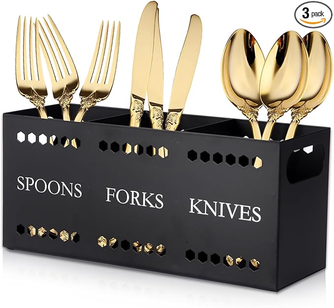 Silverware Caddy Flatware Cutlery Holder Metal Silverware Organizer Containers Black Kitchen Utensil Holder for Countertop Spoon and Fork Holder Flatware Utensils Caddy for Party