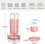 8 Ounce Porcelain Cappuccino Cups with Saucers and Silver Stand, Pink Cups Set of 4