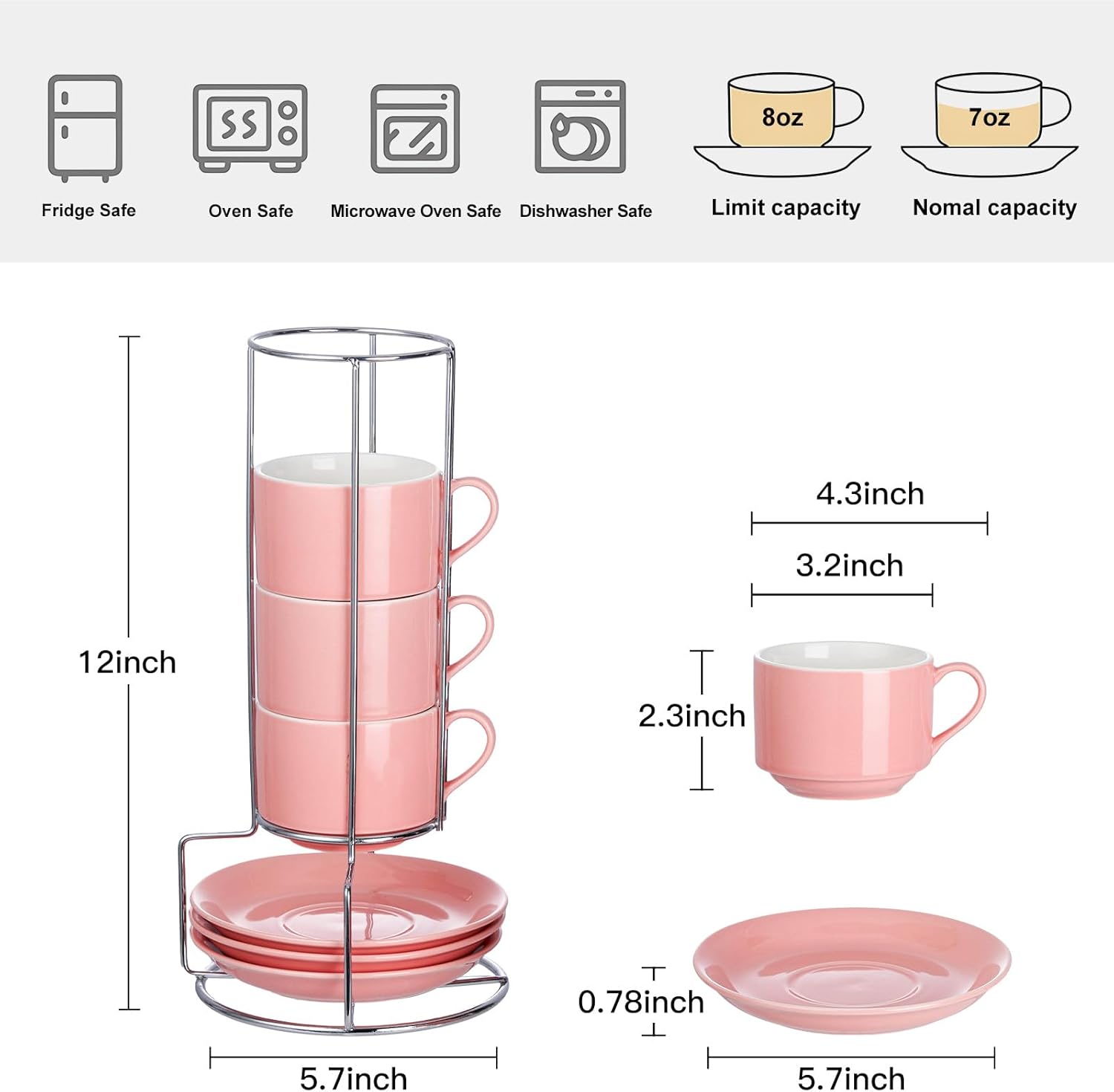 8 Ounce Porcelain Cappuccino Cups with Saucers and Silver Stand, Pink Cups Set of 4