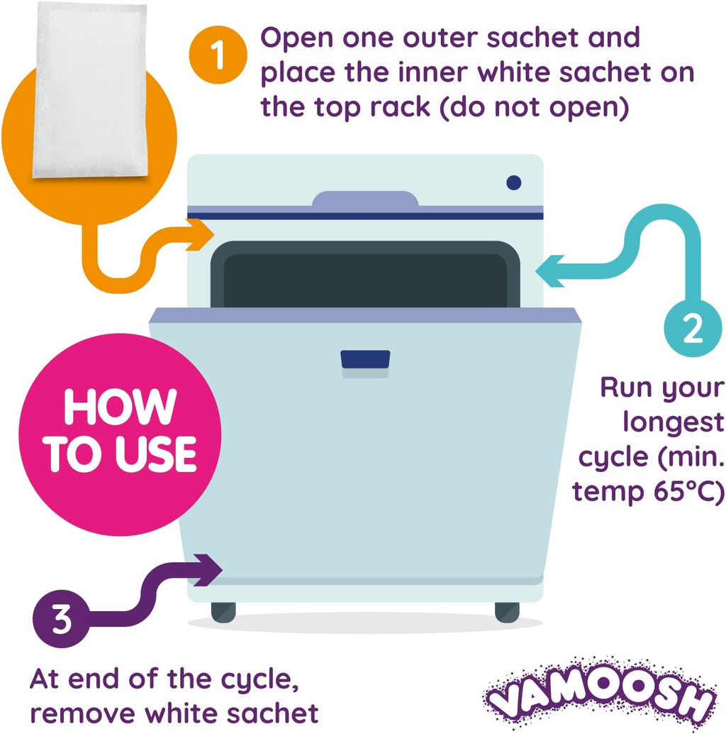 Vamoosh 6-in-1 Dishwasher Cleaner | Natural Citric Acid Cleaning Formula | Limescale Removal | Grease Elimination | Eco-Friendly | Made in the UK | 50g (Pack of 15)