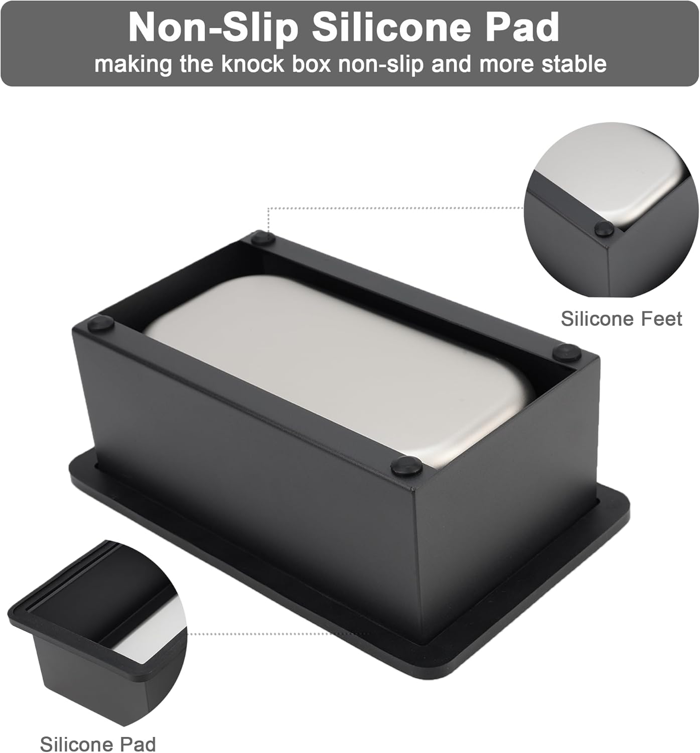 Espresso Knock Box, Coffee Knock Box for Espresso Grounds Disposal, Large Capacity, Equipped with Noise, Reduction Rubber Ring & Steel Holder, Ideal Tool for Espresso Machines, Black (Large)