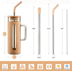 Kodrine Glass Tumbler with Lid and Straw, 20 oz Glass Coffee Tumbler with Handle, Smoothie Cup with Bamboo Lid, Time Marker, Silicone Sleeve, Reusable Iced Coffee Cup BPA Free - Amber Purple