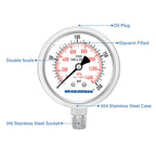 MEASUREMAN Fully Stainless Steel Hydraulic Glycerin Filled Pressure Gauge, 2-1/2" Dial Size,0-200psi/kpa,1/4" NPT Lower Mount
