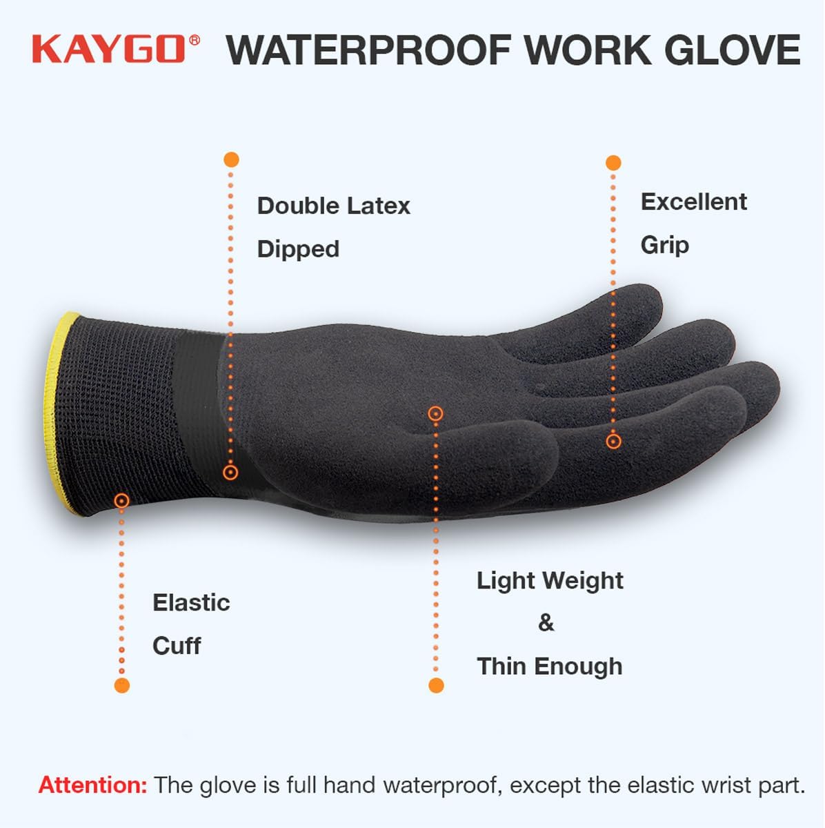 KAYGO Waterproof Work Gloves for Men and Women, Rubber Coated Non-slip Working Gloves for Garden, Outdoor Construction,KG150,Black,L