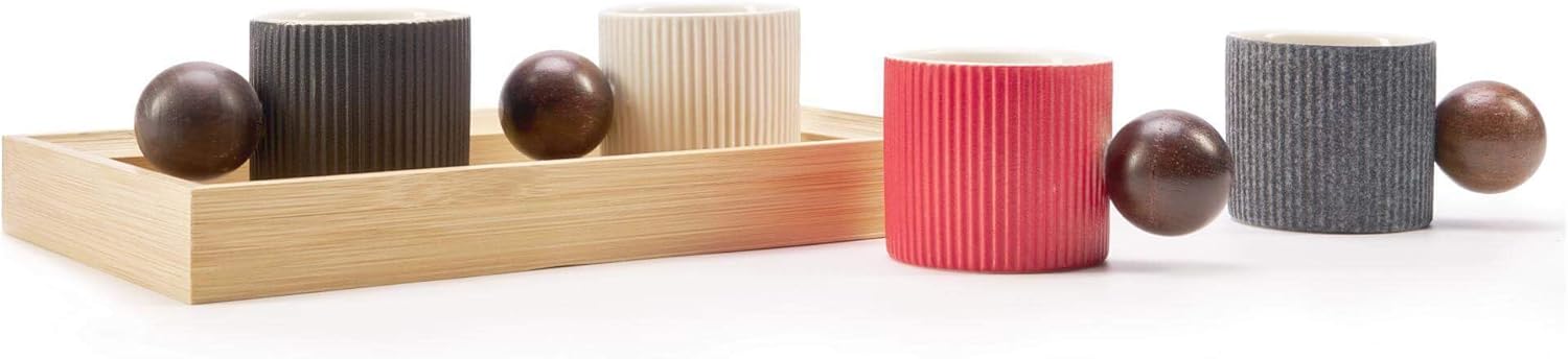 Ceramic Mini Espresso Cups Demitasse Cups with Round Wooden Handle Vertical Stripes Tea Cups (gray, 4pcs)