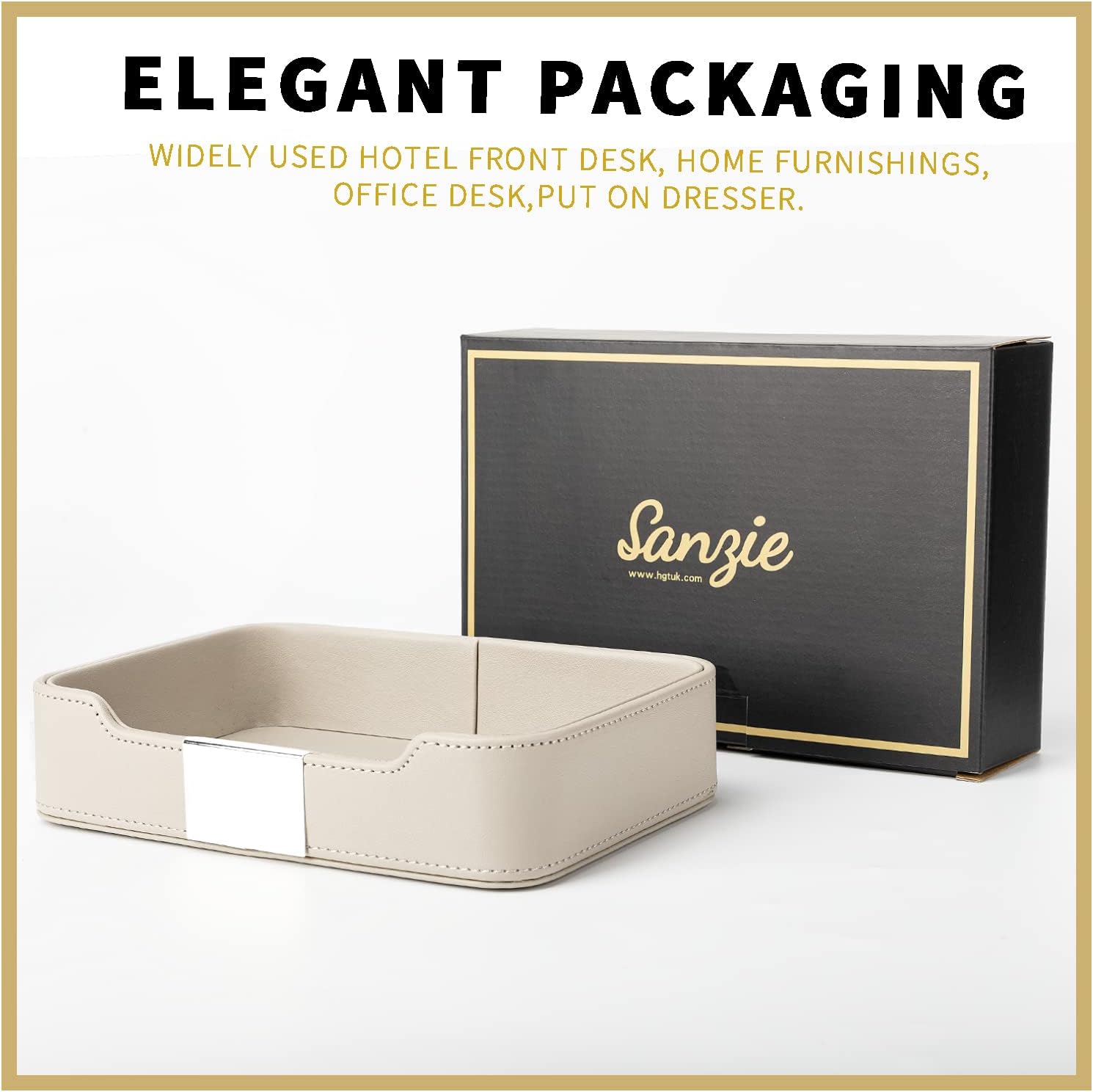 SANZIE Luxury Leather Tray Desktop Storage Catchall Organizer Decorative Tray for Entryway Table to Hold Jewelry Watch Keys Phone Wallet (Metal Silvered, Grey)